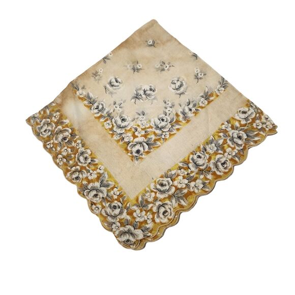 VTG 60's HANKIE FLOWERS COLORFUL GRAPHIC SCALLOPED EDGE POCKET SCARF BRIDE - Picture 1 of 3